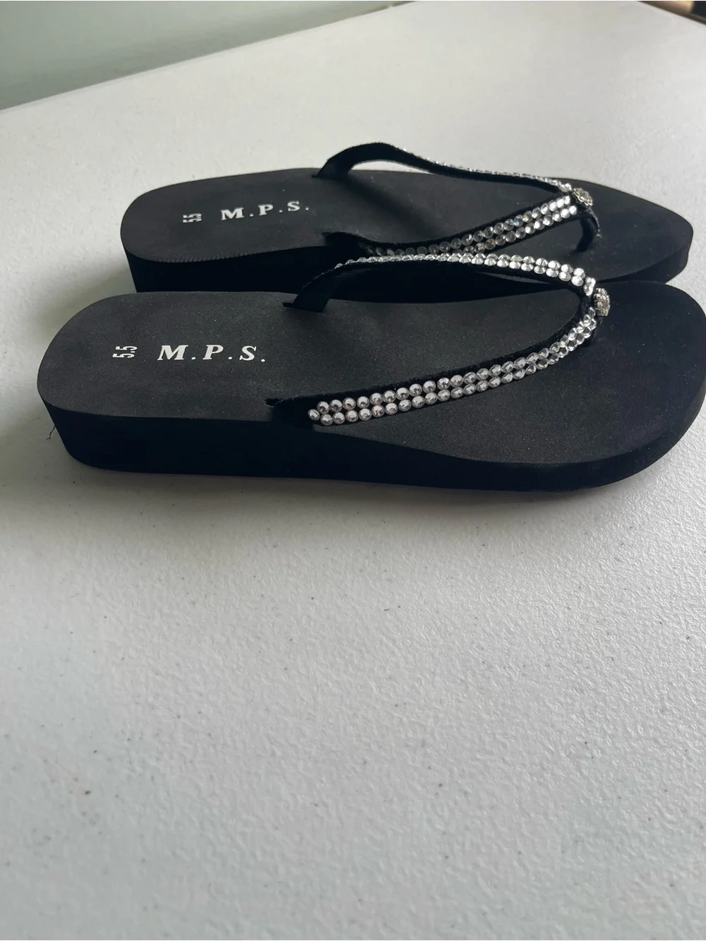 M.P.S. Size 5.5 Rhinestone Wedge Flip Flops Black Silver Y2K Sandals